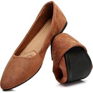 Heawish Flat Shoes Women Tan Suede Toe Slip On Casual Ballet Comfortable Shoes